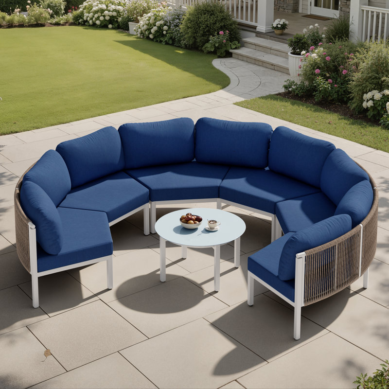  6 - Person Aluminum Patio Conversation Furniture Set with Table, Navy Blue Cushion/White Frame