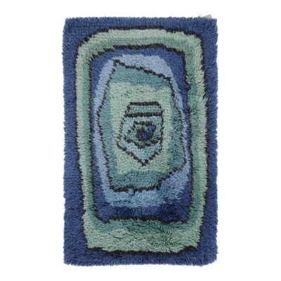 Vintage Swedish Rya Rug With Blue-Teal Concentric Geometric Pattern - Rug Kilim