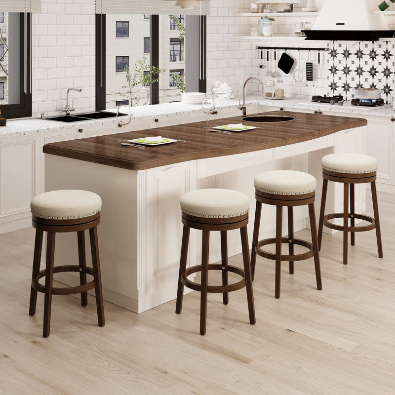 Upholstered Swivel Counter Bar Stool with Solid Wood Frame and Nailhead Trim, Beige, Bar Stool (31" Seat Height)