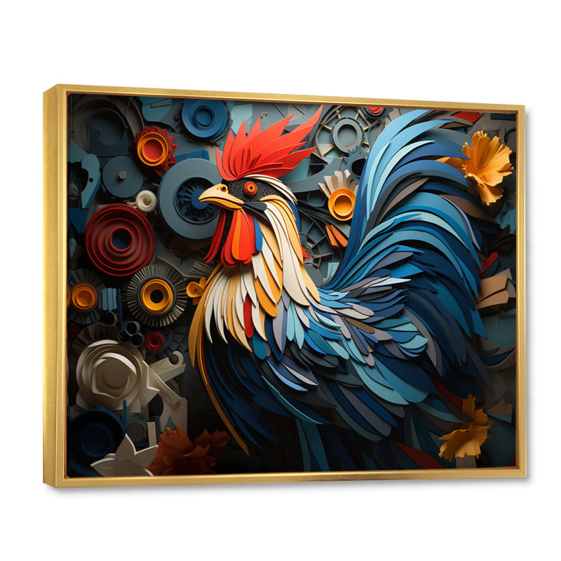 Portrait de coq sur fond géométrique sur toile, H 24 po x l 32 po x P 1 po, Cadre flottant doré
