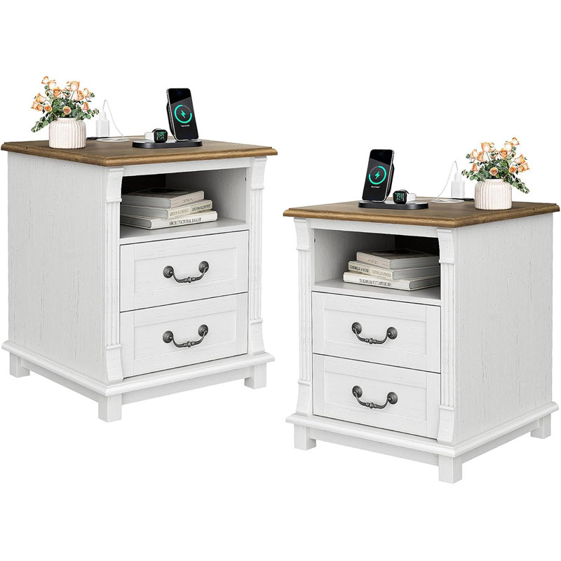 Farmhouse Nightstand With Charging Station, End Table With 2 Drawers & Open Shelf ,Vintage Bedside Table For Bedroom