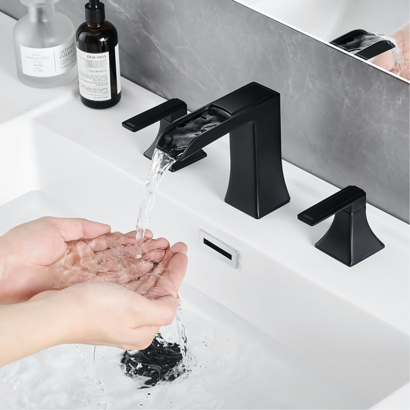 3 Hole Bathroom Tap 8 Inch Widespread, Black With Ceramic Cartridge And Pop Up Drain For Widespread Sink Faucet, Matte Double Lever Handle Basin
