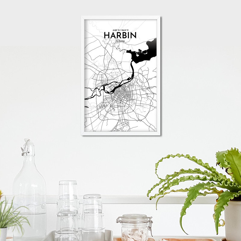 «Harbin City Map», impression, H 17 po x l 11 po, Noir / blanc