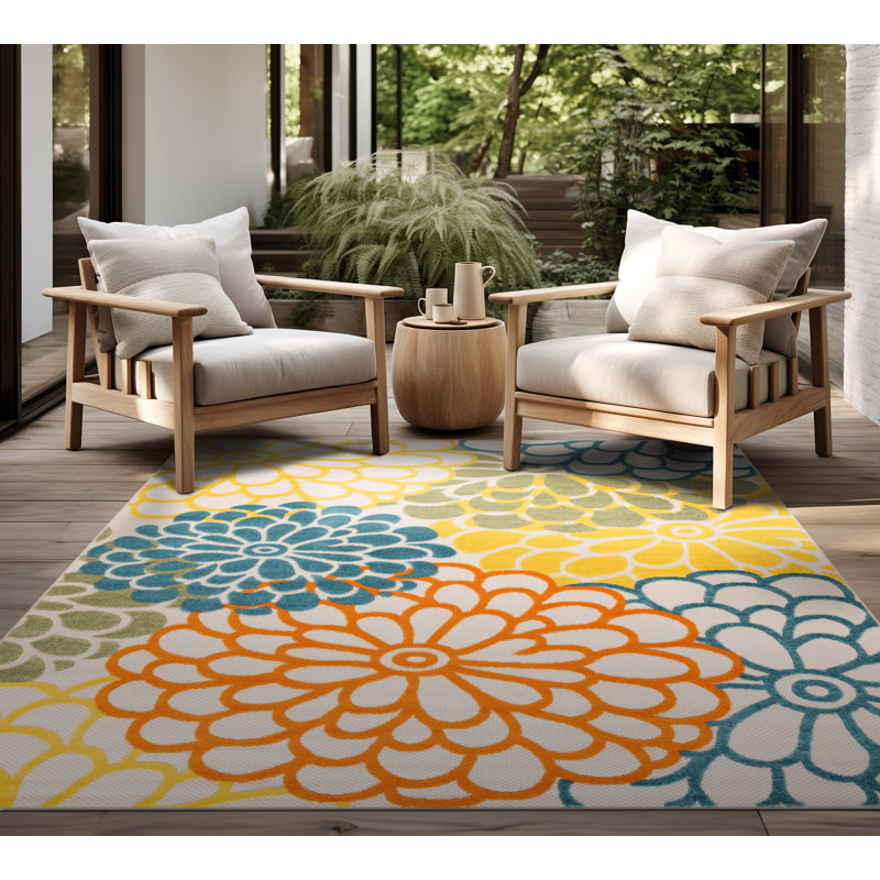 Shameekia Machine Woven Indoor and Outdoor Area Rug , Rectangle 9' x 12', Yellow/Blue/Orange