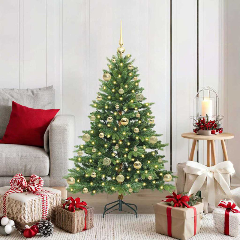 Artificial Christmas Tree with 150 LEDs Green PE and PVC, 3.94' H, Green/Gold