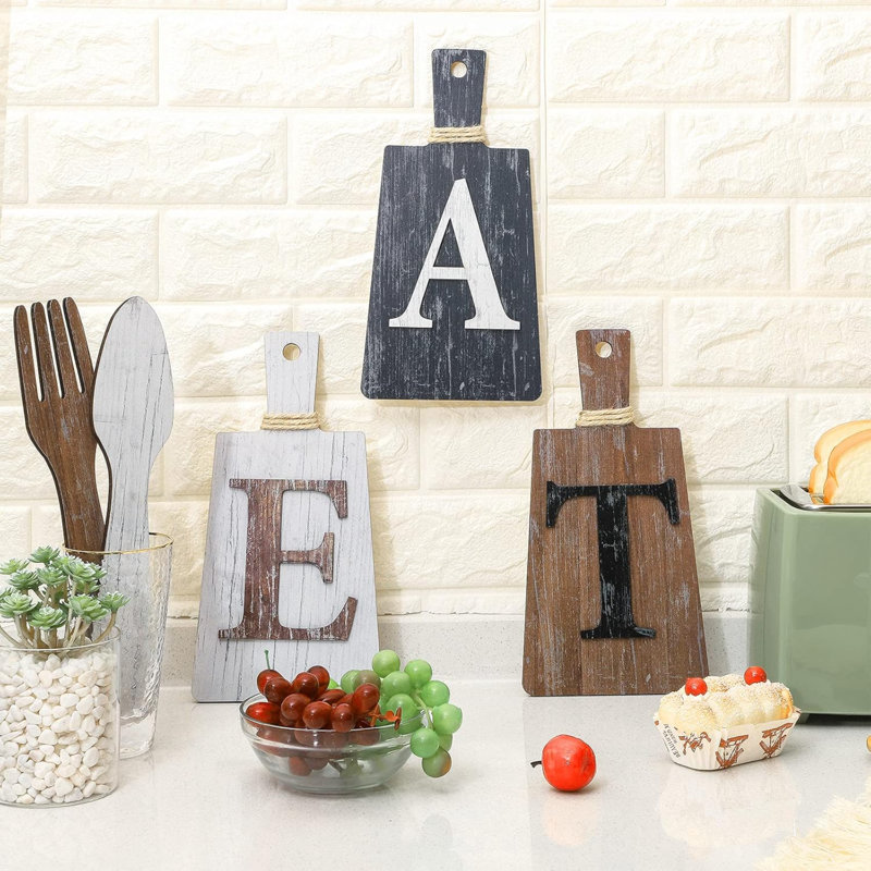Planche à découper, ensemble de panneaux «Eat», art de cuisine suspendu, fourchette et cuillère, décoration murale rustique de style campagnard rustique, décor pour la cuisine et la maison (gris, blanc, brun)