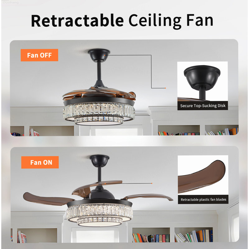 Ventilateur de lustre moderne à DEL moderne avec télécommande 48 "rétractable avec lumière noire et perles, Black and Beaded