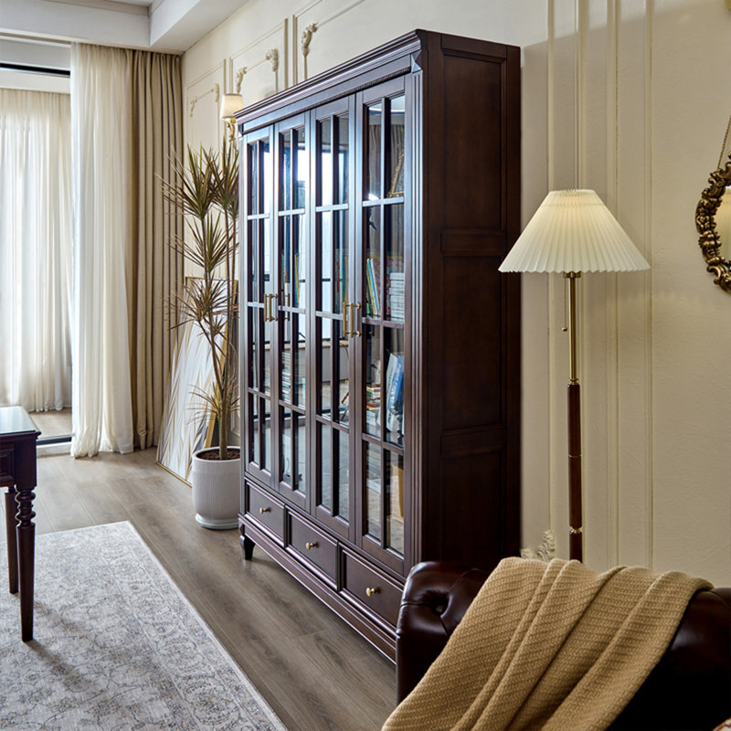 American-Style Vintage Cherry Wood Bookcase With Glass Doors And Floor-To-Ceiling Design