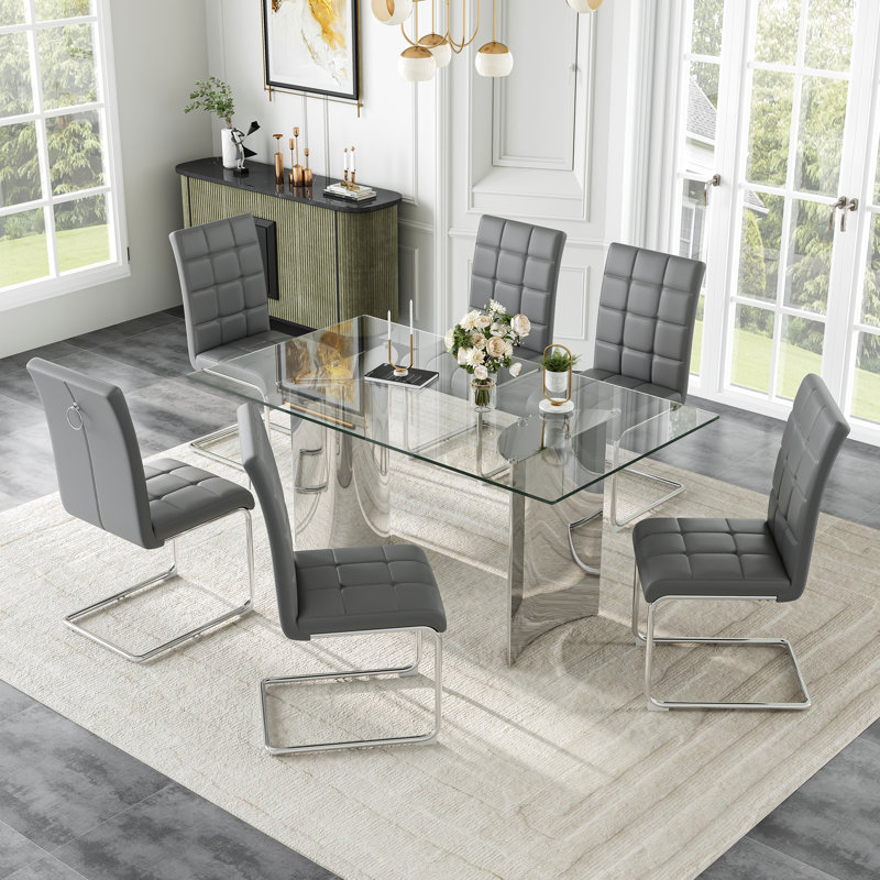 Modern Glass Dining Table Set, 63" Tempered Glass Top With PU Leather Upholstered Cantilever Chairs And Backrest Pull Ring