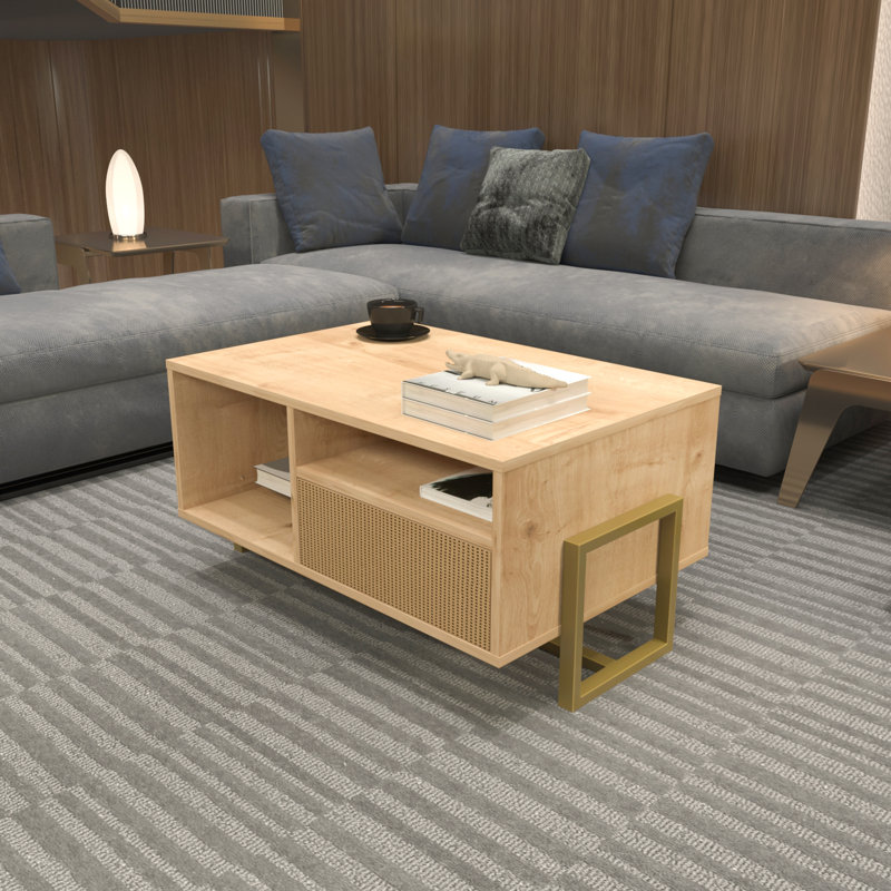 Medon Coffee Table, Sapphire Oak Top/Rattan Pattern Cabinet
