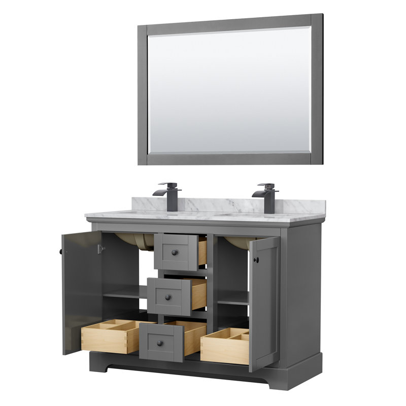 Ensemble de meuble-lavabo double 48 po avec miroir Avery, Bleu foncé, Noir mat, Marbre de culture blanc