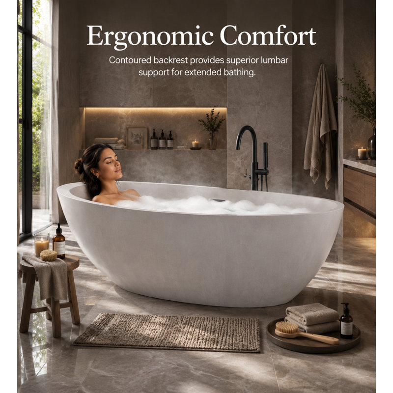 62.8" x 30.3" Bone Concrete Oval Deep Soaking Freestanding Bathtub, White 