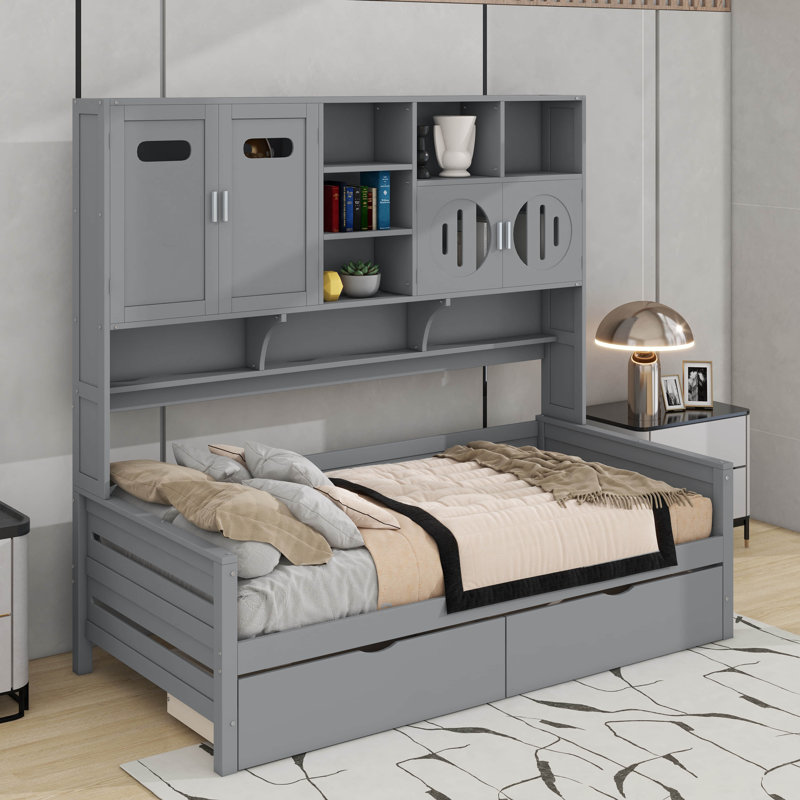 Lit de jour en bois avec tiroirs, Gris, Lit simple