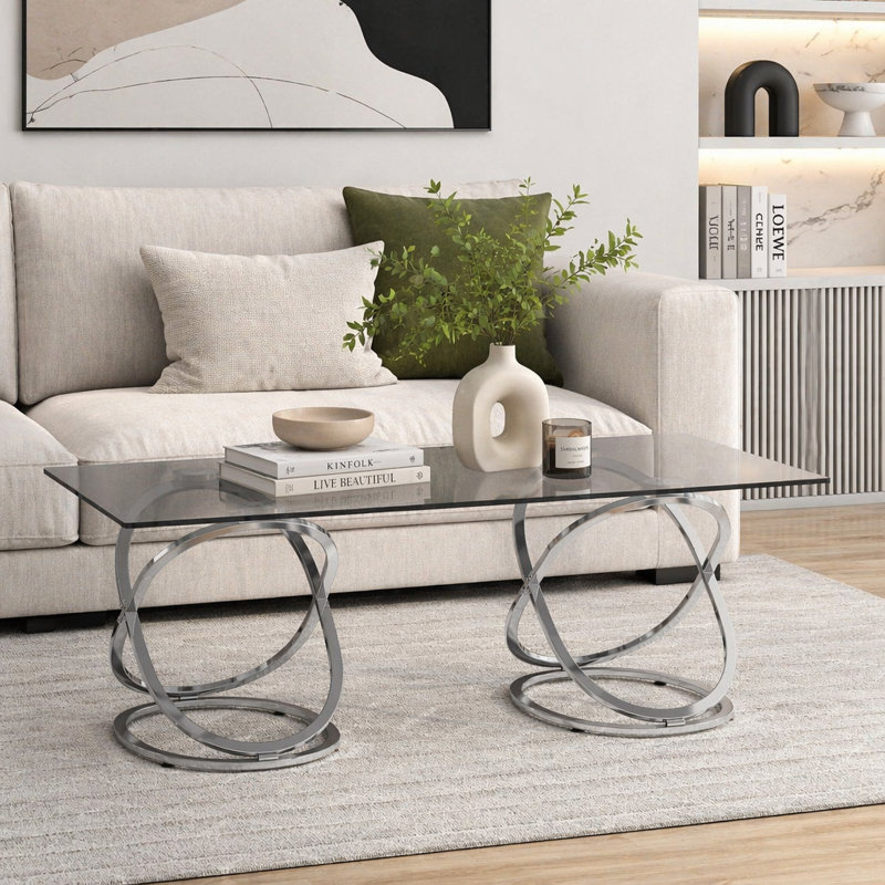 Rectangle Tempered Glass Coffee Table, Gray / Silver