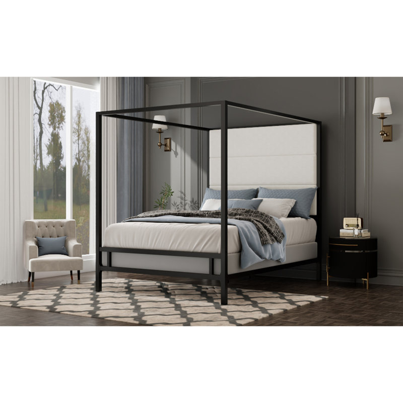 Lit à baldaquin moderne avec tête de lit tapissier en tissu de velours de 76,5 po de hauteur, Grand lit, Noir / blanc