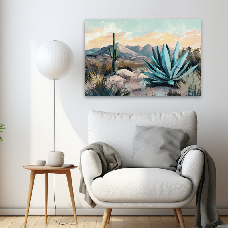 Coucher de soleil dans le désert - art contemporain aux couleurs pastel de cactus du désert, H 36 po x l 24 po