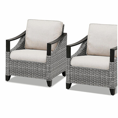 Ensemble de 2 chaises longues d'extérieur en osier gris avec coussins beiges pour véranda ou terrasse