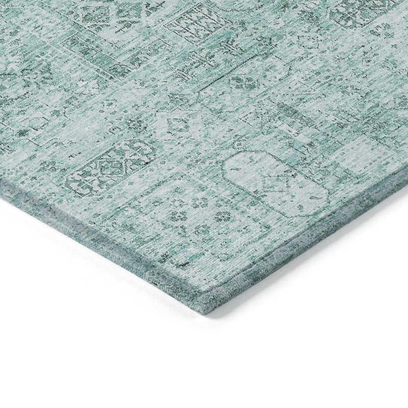 Teal Blue Aqua And Gray Floral Washable Indoor Outdoor Area Rug, Rectangle 3' X 5'