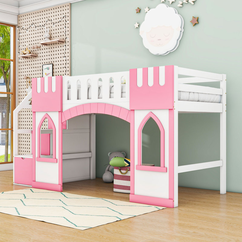 Kamuri Twin Size Loft Bed With Storage Staircase And Safety Guardrails, Pink