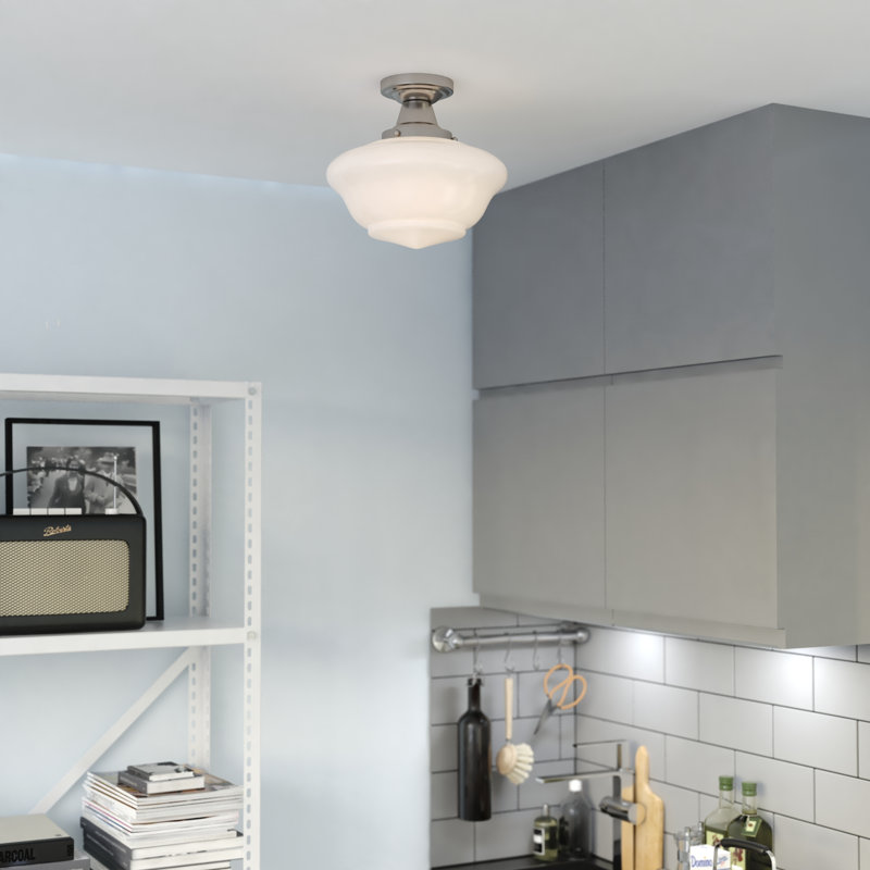 Plafonnier semi-encastré de style école en nickel satiné à 1 lumière de 12 po avec abat-jour en verre opale blanc givré Eastgate, idéal pour les plafonds bas, la chambre à coucher, le couloir ou la cuisine