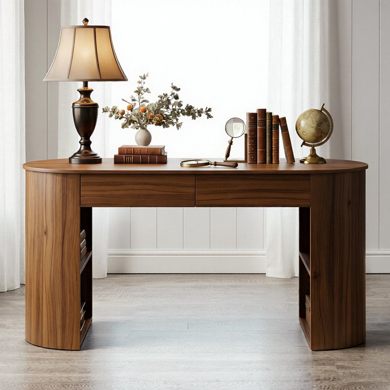 Bureau Quanta 60" avec rangement, finition noyer foncé, bureau moderne en MDF mélamine avec 2 tiroirs, étagères ouvertes et piètement demi-cylindrique. Poste de travail compact idéal pour le bureau à domicile, le bureau d'étude ou la chambre.