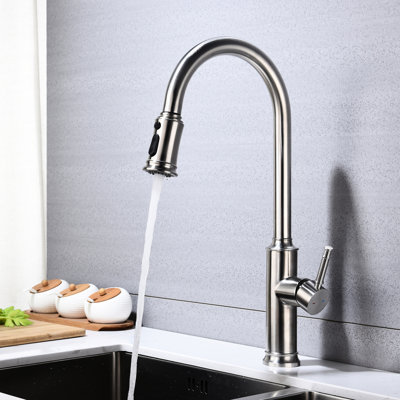 Pull Out Spray Kitchen Faucet, Brushed Nickel Appearance, Stainless Steel Manufactured, 360 Rotating Nozzle For Easy Water Supply, Corrosion And Rust Proof, Single Handle Flow Look, Fabricated,