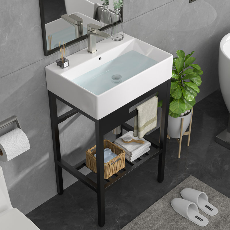24"L x 16"W Freestanding Utility Sink Ceramic Rectangular Console Bathroom Sink Wall-mount Bathroom Basin with One Faucet Hole,Washboard,Stainless Steel Bracket