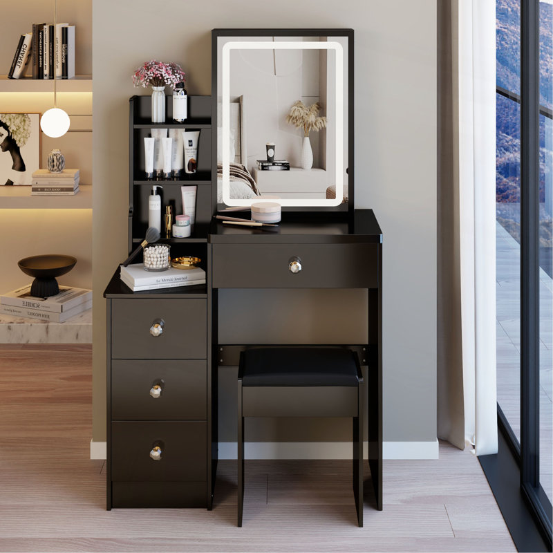 Petite coiffeuse de 29,2 po avec tabouret de chevet gauche + grand tabouret rembourré, commande tactile, interrupteur tricolore, miroir à luminosité réglable, rangement à grande capacité, convient aux petits espaces