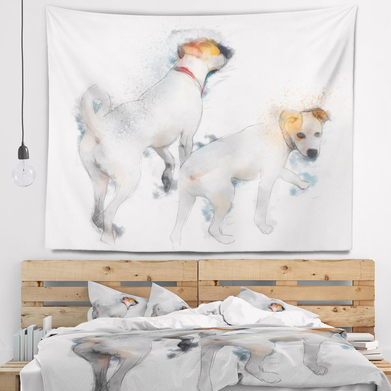Tapisserie élégante avec chiens blancs, H 50 po x l 60 po