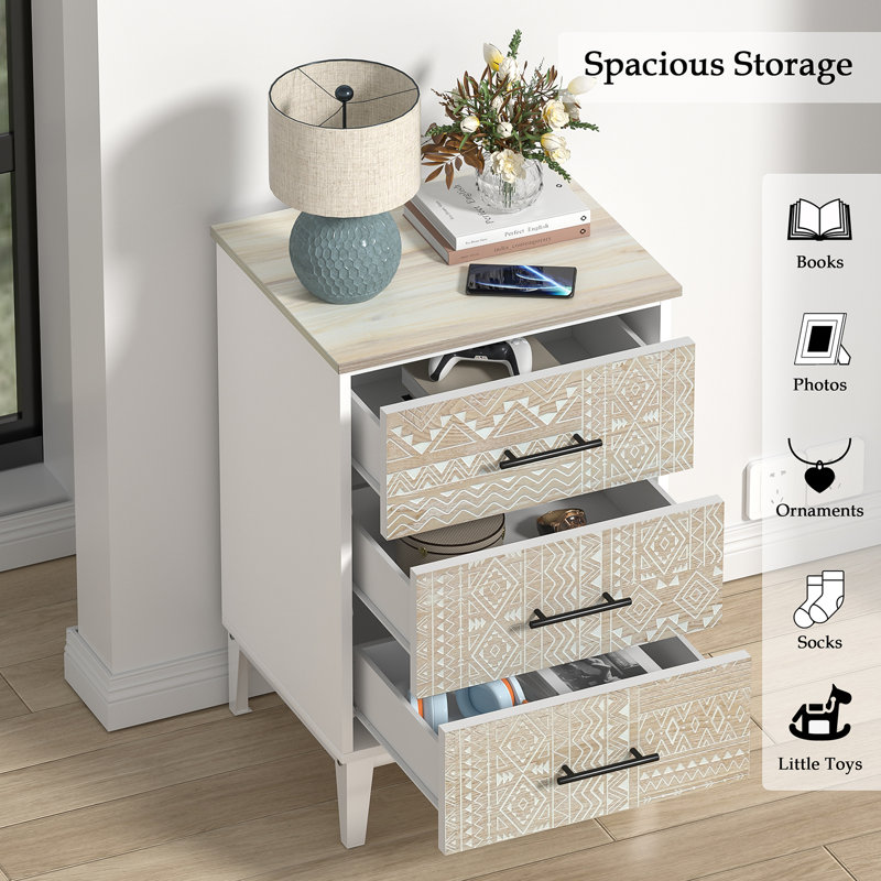 Lataja 3-Drawer Nightstand 28"H End Table White frame carved surface