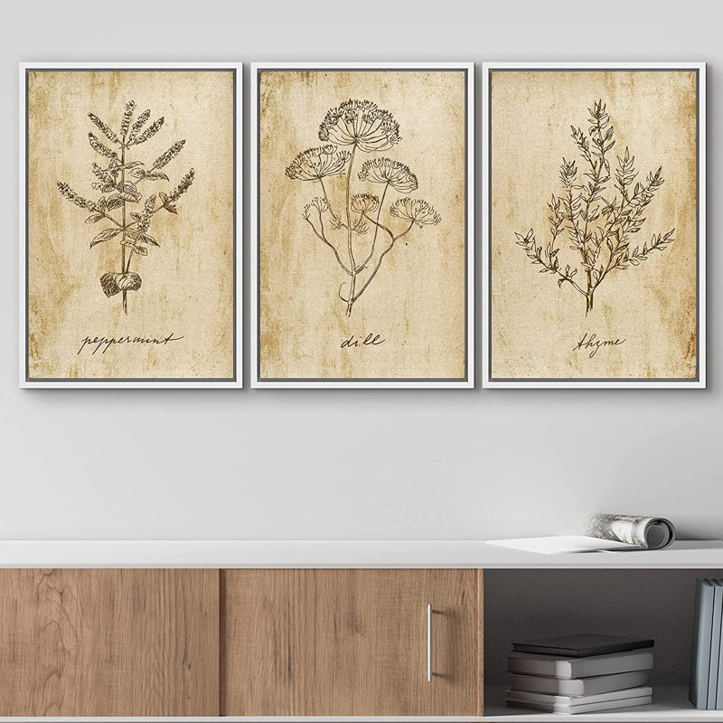 Herb Seasonings - ensemble de 3 reproductions sur toile, H 24 po x l 48 po x P 1,5 po, Cadre flottant blanc