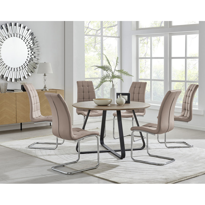 Sandy Classic Wood Effect & Metal Dining Table Set with 6 Modern Faux Leather Dining Chairs, Cappuccino/Silver
