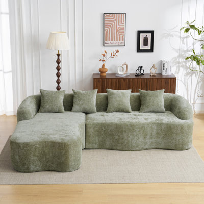 Canapé modulaire en L à compression complète avec méridienne incurvée, canapé en chenille vert modulaire, haute densité pour le salon en appartement