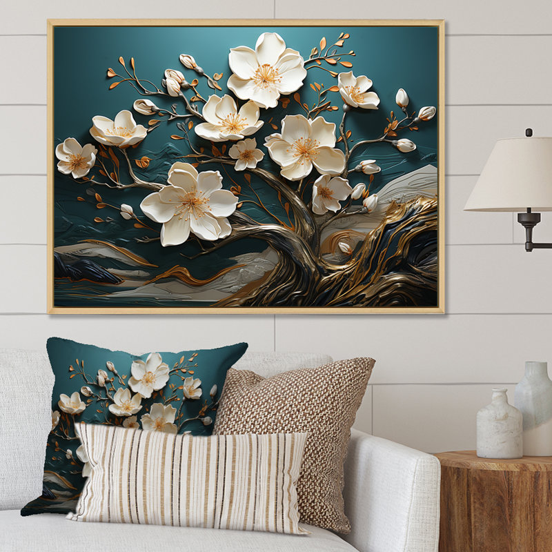 Blanc et or, charmante fleur printanière élégance II - fleurs, art mural, H 12 po x l 20 po x P 1 po, Cadre flottant blanc