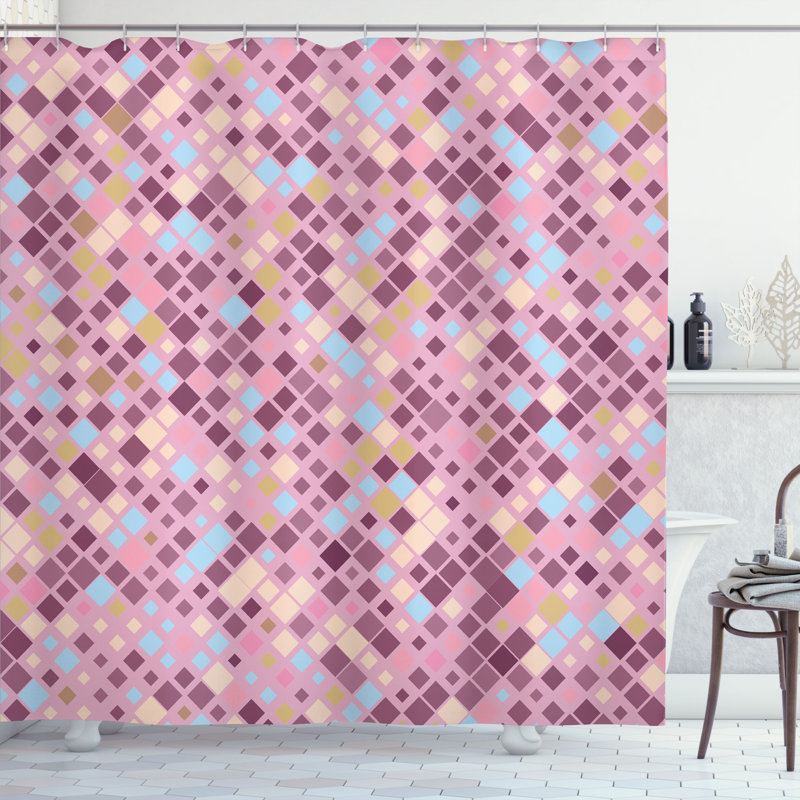  Rideau de douche mauve rétro Artsy + crochets, H 69 po x l 70 po, Kaki / rose