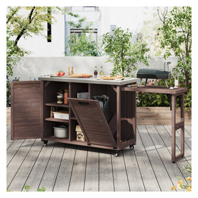 K&K 78.3" Outdoor Kitchen Island with Foldable Grill Table, Wooden Grill Cart with Stainless Steel Top & Trash Can Storage - Patio Pizza Oven Table for Outdoor Cooking, Dark Brown