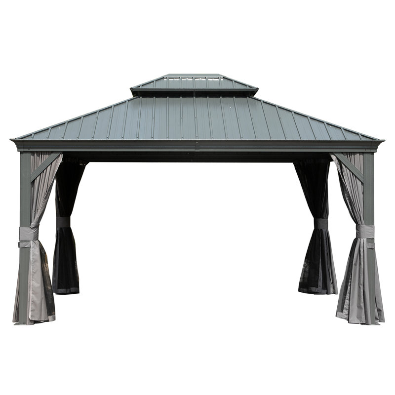 10' X 14' Hardtop Gazebo Permanent Outdoor Gazebo With Galvanized Steel Double Roof, Aluminum Frame, Curtains And Netting For Patio Lawn And Garden, Gray
