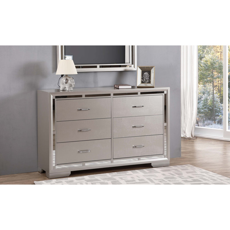 Silver Champagne Mirrored Double Dresser with Deep Drawers