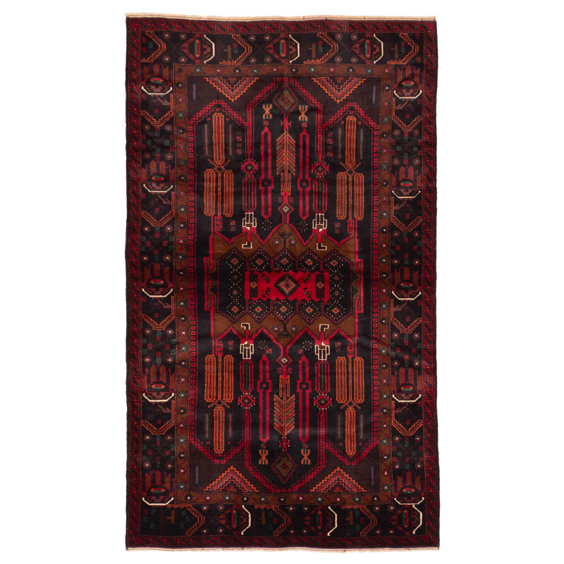 Tapis noir et rouge Teimani 4 pi 1 po x 7 pi 1 po