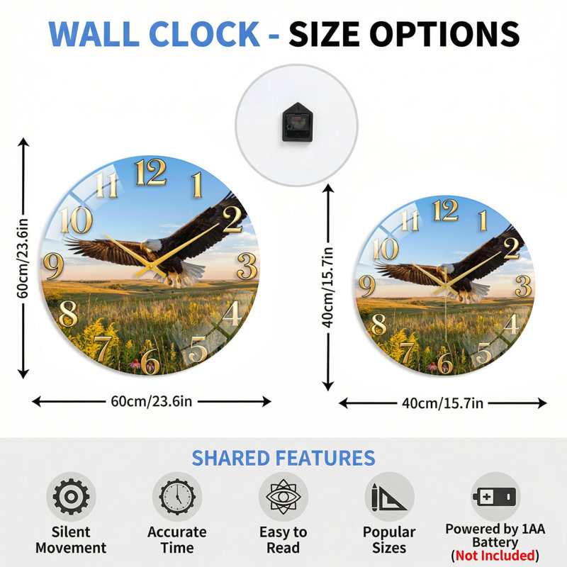 Horloge murale Eagle, 40 x 40 cm (15,7 x 15,7 pouces)