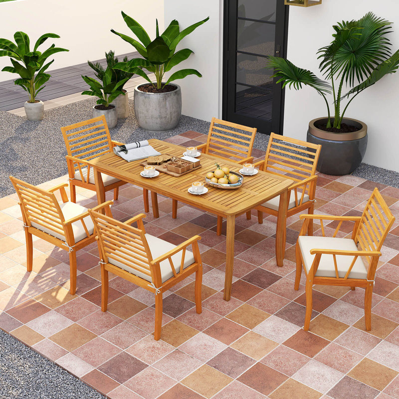 7 PCS Patio Dining Set Acacia Wood Table and Chairs Set with 1.97” Umbrella Hole