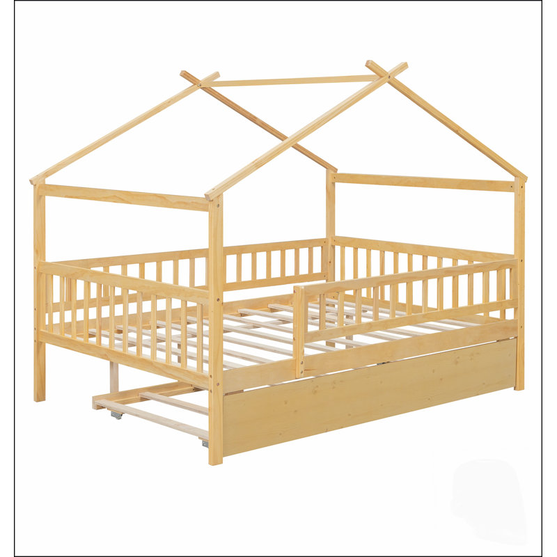 Lit cabane en bois deux places avec lit gigogne, design créatif et fonctionnel pour les chambres d'enfants, idéal pour les jeux d'imagination et un sommeil confortable