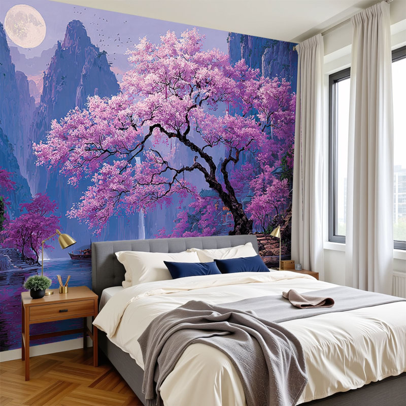 Peel and Stick Wallpaper 96" W x 69" H Modern Self Adhesive Wall Mural for Bedroom Cherry Blossom Waterfall Traditional Architecture Moon Mountain