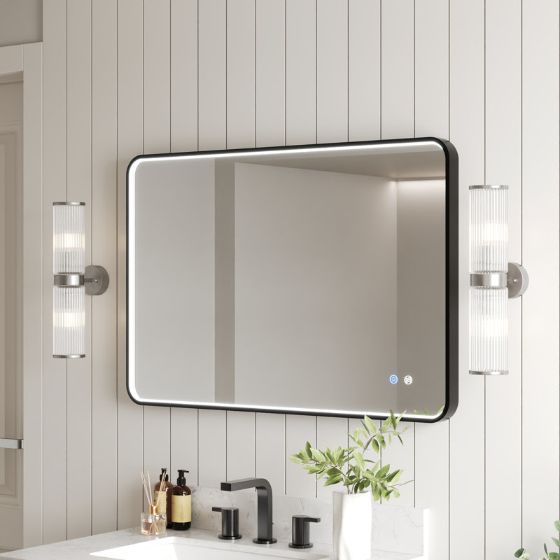 36'' W x 24'' H Smart Anti-Fog Bathroom Mirror with Side Lighting, Tri-Color Dimmable LED & Memory Function, IP44 Waterproof, Black Frame