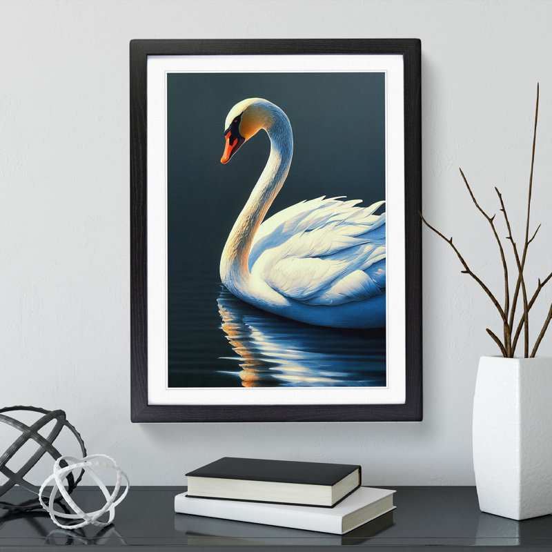 XV1022-4372X Swan In A Pond No.4 - Single Picture Frame Print, 64cm H x 46cm W x 2cm D, Black Framed