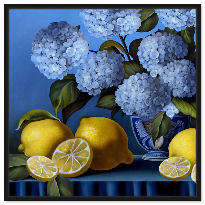 Vase hydrangées et citrons - impression, Impression encadrée, H 13 po x l 13 po, Noir