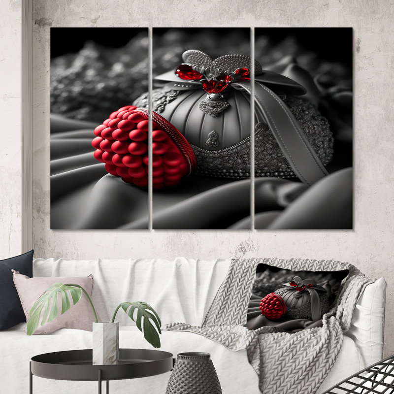 Accessoires rétro vintage en rouge et noir - impression sur toile 3 pièces, H 20 po x l 36 po x P 1 po, Toile tendue
