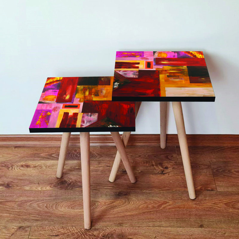 Modern Abstract Nesting Tables (2 Pieces), Beech Wood Legs, 13.8 x 18.5 x 13.8 inches & 13.8 x 16.5 x 13.8 inches | 100% MDF, Thickness: 0.7 inches | Stylish Geometric Design for Living Room & Home Décor