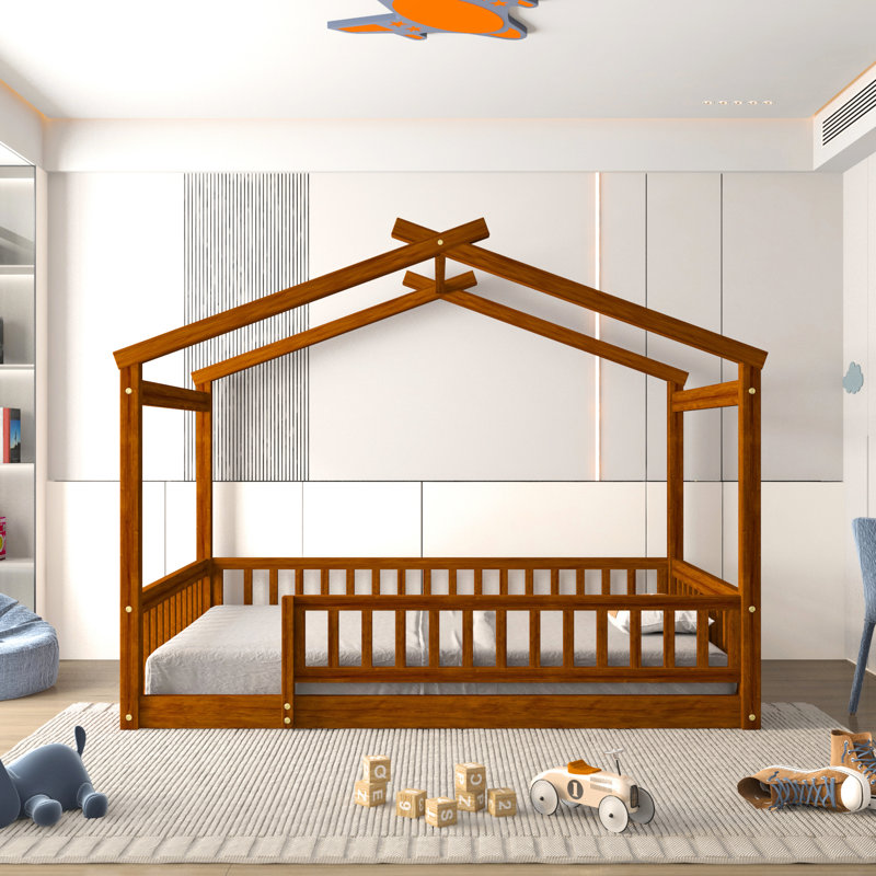 Structure de lit double en bois de noyer avec clôture pour et adolescents, pin, cadre de repos pour adolescents, noyer, clôture, fabrication en pin massif, mieux
