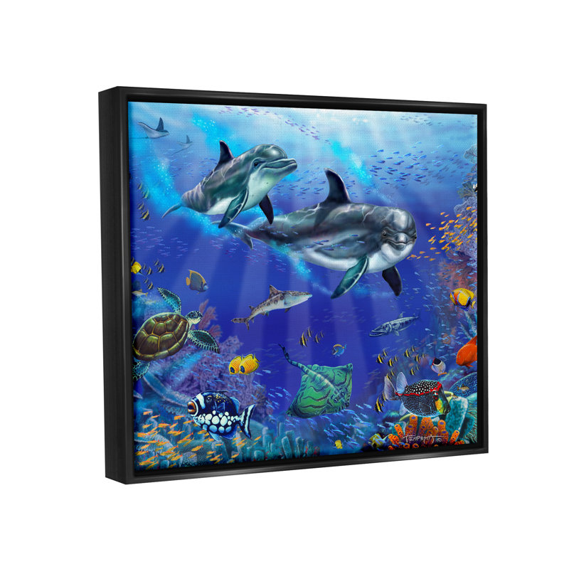 «Dovecove Underwater Sea Life Scene Dolphins», art mural encadré par Floater, Cadre flottant noir de jais